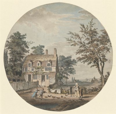 Paysage avec cottage, pont et personnages - Samuel Hieronymus Grimm