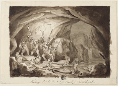 Mise à mort de phoques dans une caverne à la lueur d