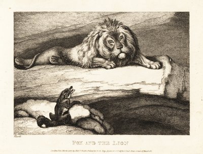 Un renard approchant imprudemment un lion mâle dans son antre. 1811 - Samuel Howitt