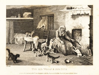 Vieille sorcière assise au foyer dans une masure entourée de chats. 1811 (eau-forte) - Samuel Howitt