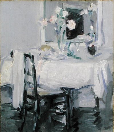 Un intérieur avec des roses dans un vase sur une table - Samuel John Peploe