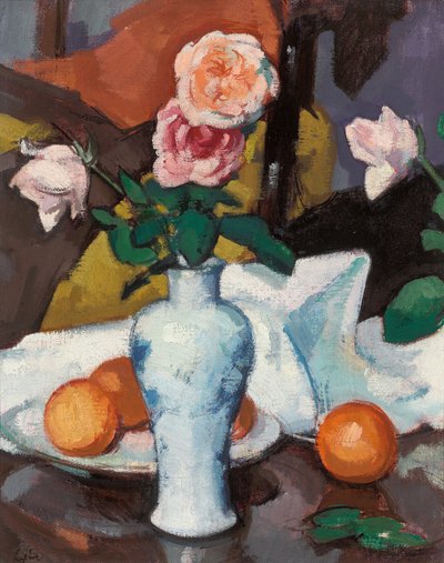Roses dans un vase avec des oranges et une nappe blanche - Samuel John Peploe