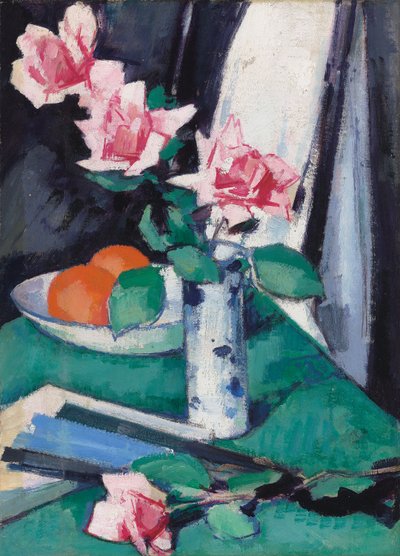 Nature morte avec roses roses et oranges dans un vase bleu et blanc - Samuel John Peploe