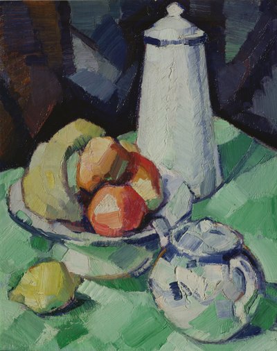 Nature morte avec théière et fruits sur une nappe verte, vers 1913 - Samuel John Peploe