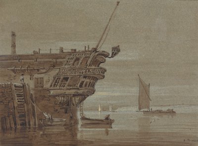 Un navire des Indes orientales amarré, petits bateaux à côté, autres bateaux plus loin - Samuel Prout