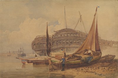 Scène côtière avec bateaux échoués au premier plan, début-milieu 19e siècle - Samuel Prout