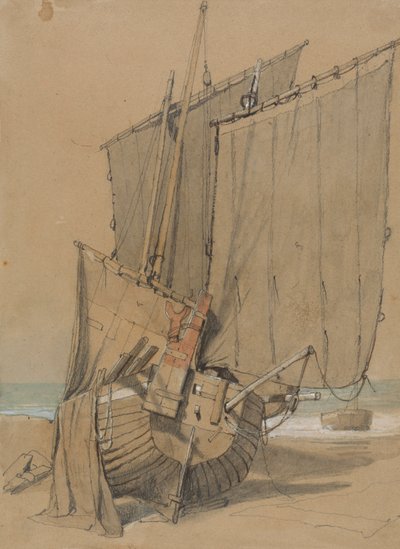 Bateaux de pêche sur la plage avec voiles séchant - Samuel Prout