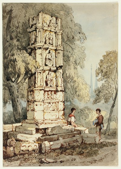 Deux personnages à côté de ruines médiévales, avec une église au loin - Samuel Prout