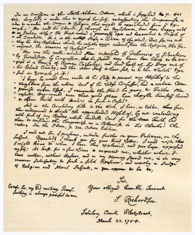 Lettre de Samuel Richardson, 22 mars 1754 - Samuel Richardson