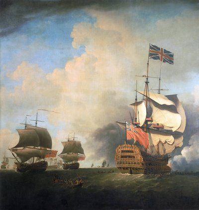 Navires de guerre de la Royal Navy britannique, manœuvrant leurs voiles dans le vent - Samuel Scott