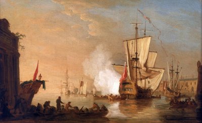 Navire de guerre britannique tirant le canon pour saluer, à son arrivée au port, dont les bâtiments évoquent un port de la mer Méditerranée. Huile sur toile, vers 1765, par Samuel Scott - Samuel Scott