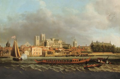 Vue de Westminster depuis Lambeth avec une barge royale au premier plan - Samuel Scott