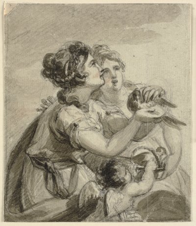 Deux femmes avec une colombe dans leurs mains et un cupidon - Samuel Shelley