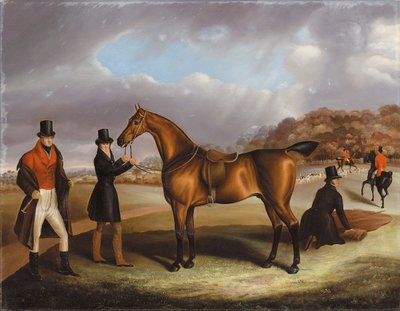 Lord George Bentinck avec son chasseur préféré et des palefreniers, dans un paysage avec une chasse au loin - Samuel Spode