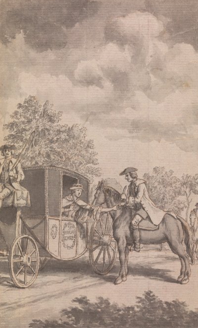 Illustration du Newgate Calendar : Raby trouvant une bague de femme difficile à retirer, coupe son doigt, près de Finchley - Samuel Wale