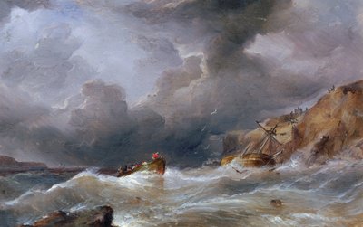 Un bateau coulé sur une côte rocheuse, avec le canot de sauvetage plein de survivants - Samuel Walters