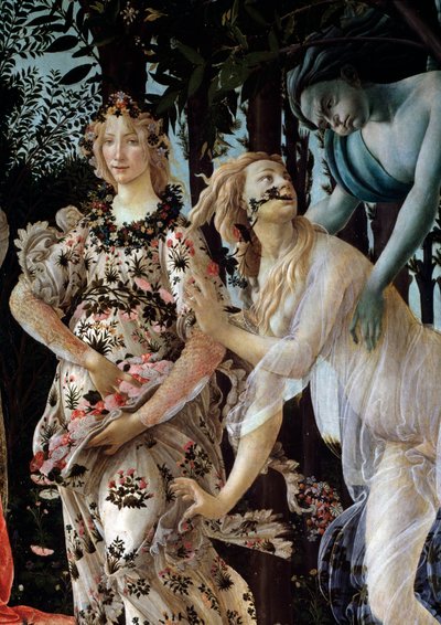 Le printemps (détail) : Zéphyr saisissant la nymphe Chloris portant un voile transparent et Flora dans sa robe de fleurs - Sandro Botticelli