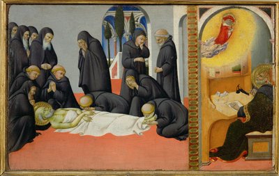 La mort de saint Jérôme parmi ses disciples : il apparaît à saint Cyrille, évêque de Jérusalem ... - Sano di also Ansano di Pietro di Mencio Pietro