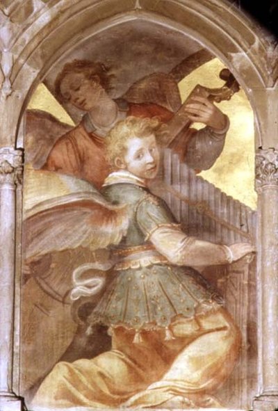 Anges musiciens dans un cloître en trompe-l