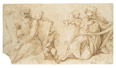 Deux prophètes avec des rouleaux assis avec des putti tenant des tablettes - Sanzio of Urbino Raphael