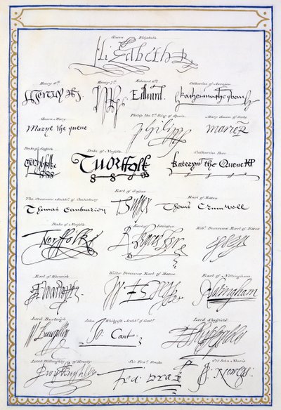 Reproduction des signatures des Tudors et de leur cour de 