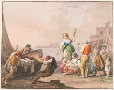Aquarelle ; Sur le rivage à Chiaja - Saverio della Gatta