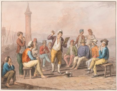 Aquarelle ; Rinaldo Rinaldini récite sur la jetée - Saverio della Gatta