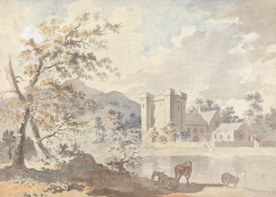 Château sous les montagnes avec des chevaux près d
