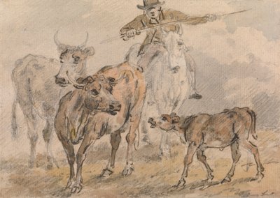 Homme à cheval conduisant deux vaches et un veau - Sawrey Gilpin