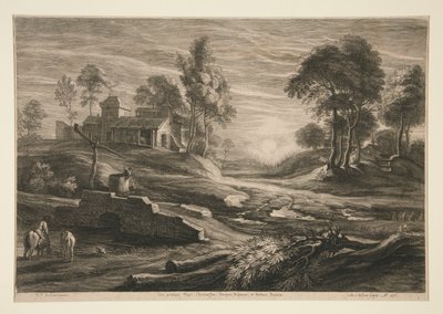Ferme et ruisseau au coucher du soleil - Schelte Adams Bolswert