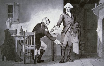 Traître américain : le général Benedict Arnold instruisant Andre de cacher des papiers dans le haut de sa botte - School American