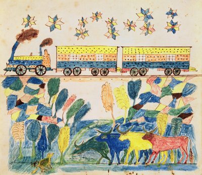 Train de marchandises et paysage avec du bétail - School American