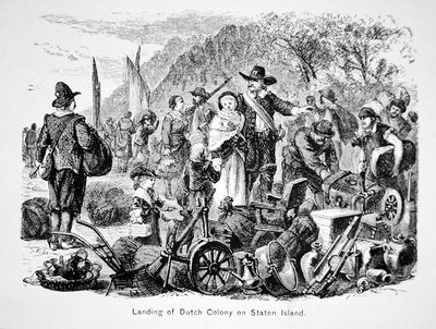 Débarquement des colons néerlandais sur Staten Island, New York (lithographie) - School American