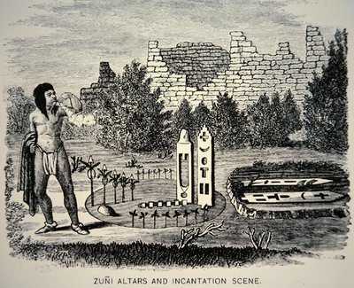Tribal Zuni soufflant du pollen sur un sanctuaire Pueblo - School American