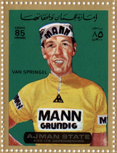 Timbre des Émirats représentant le cycliste Herman Van Springel (né en 1943). - School Arabic