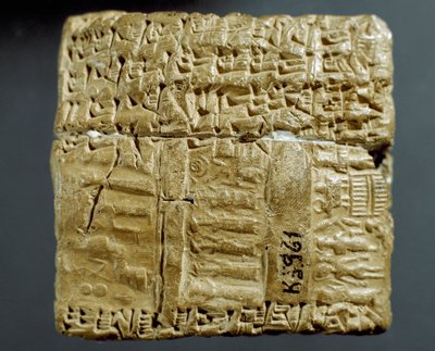 Civilisation assyrienne : boîte gravée de caractères cunéiformes concernant la production de deux mines d