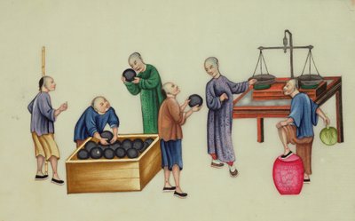 Marchands chinois testant et pesant de l