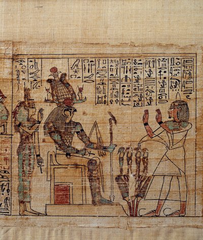 Art égyptien ancien : papyrus mythologique de Serimen. Serimen en adoration devant le dieu Ptah-Sokar-Osiris suivi d