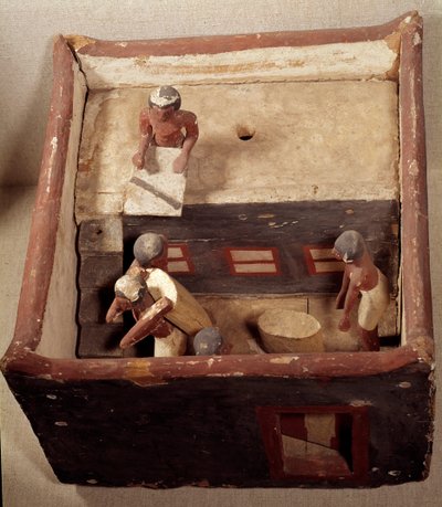 Antiquité égyptienne : modèle de grenier avec scribes enregistrant le prix du grain. Réalisé en bois peint. 12e dynastie, Moyen Empire (2033-1710 av. J.-C.). D