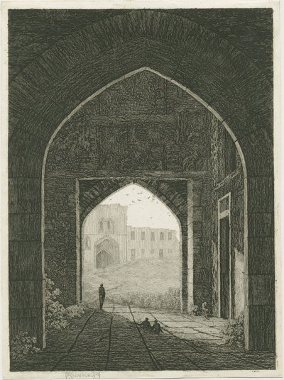 Château de Dudley - Corps de garde et porte nord : eau-forte, nd [?19e siècle] (impression) - School English