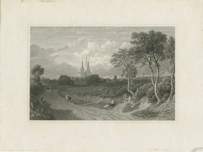 Cathédrale de Lichfield - Vue ouest (lointaine) : gravure, nd [?18e siècle] (impression) - School English