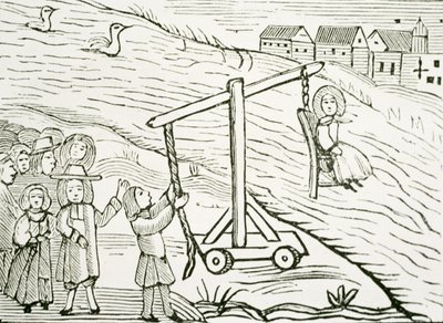 Femme sur un tabouret, accusée de sorcellerie, illustration d