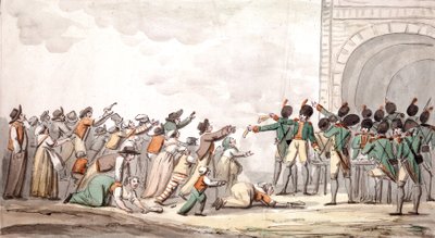 Distribution des assignats, Révolution française (gravure en couleur) - School French