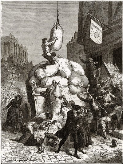 La guerre des farines : Pillage des boulangeries à Paris, vers 1775 (premiers fruits de la Révolution française) - School French