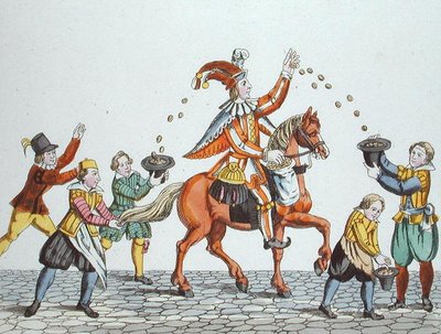 Bouffon sur un cheval alezan jetant de la nourriture aux enfants, de 