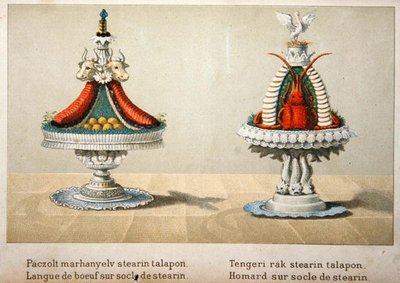 Conception pour la présentation de la langue de bœuf sur un lit de stéarine et pour le homard, illustration d