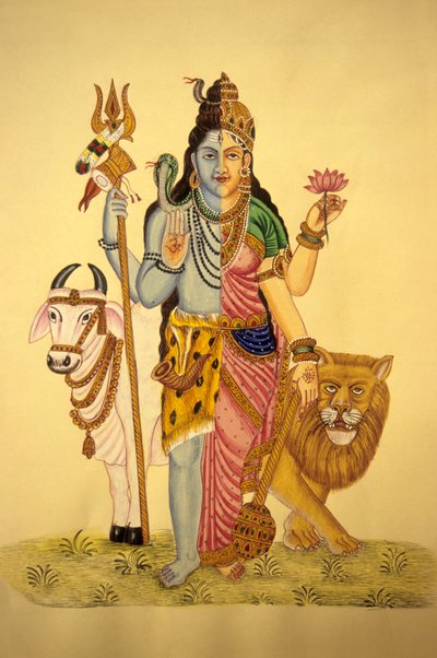 Dieu Shiva en Ardnarees Wear Roop, miniature sur papier - School Indian
