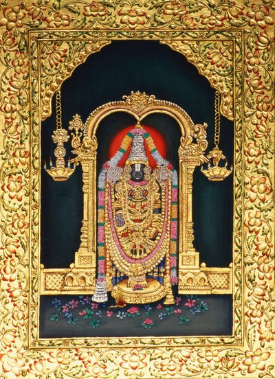 Dieu Tirupati Balaji en peinture miniature sur papier avec embossage doré - School Indian