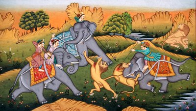 Chasse aux tigres sur miniature sur papier - School Indian