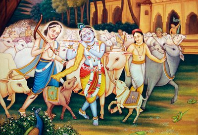Krishna et Balram avec Gopal, miniature - School Indian